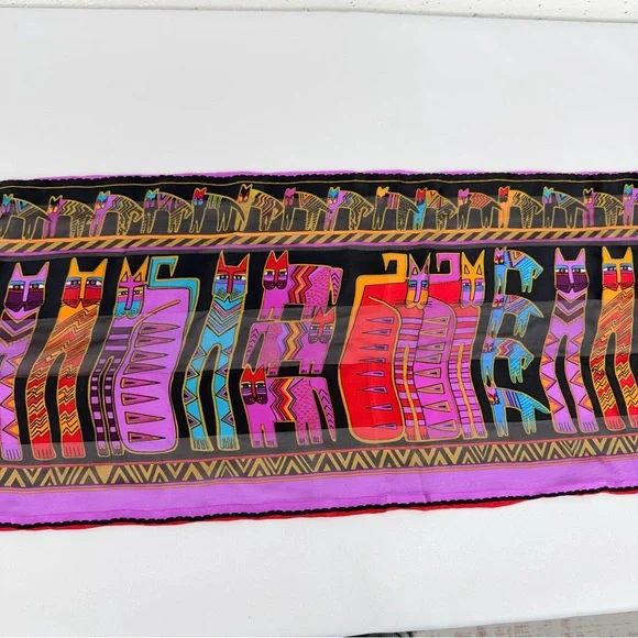 Laurel Burch Purple And Black Silk Cat Scarf 10.5 x 53” - Picture 7 of 12